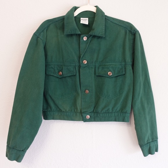 Vintage 90s Cropped Denim Jean Jacket Womens S Forest Green Boxy Faded Grunge - Picture 2 of 11
